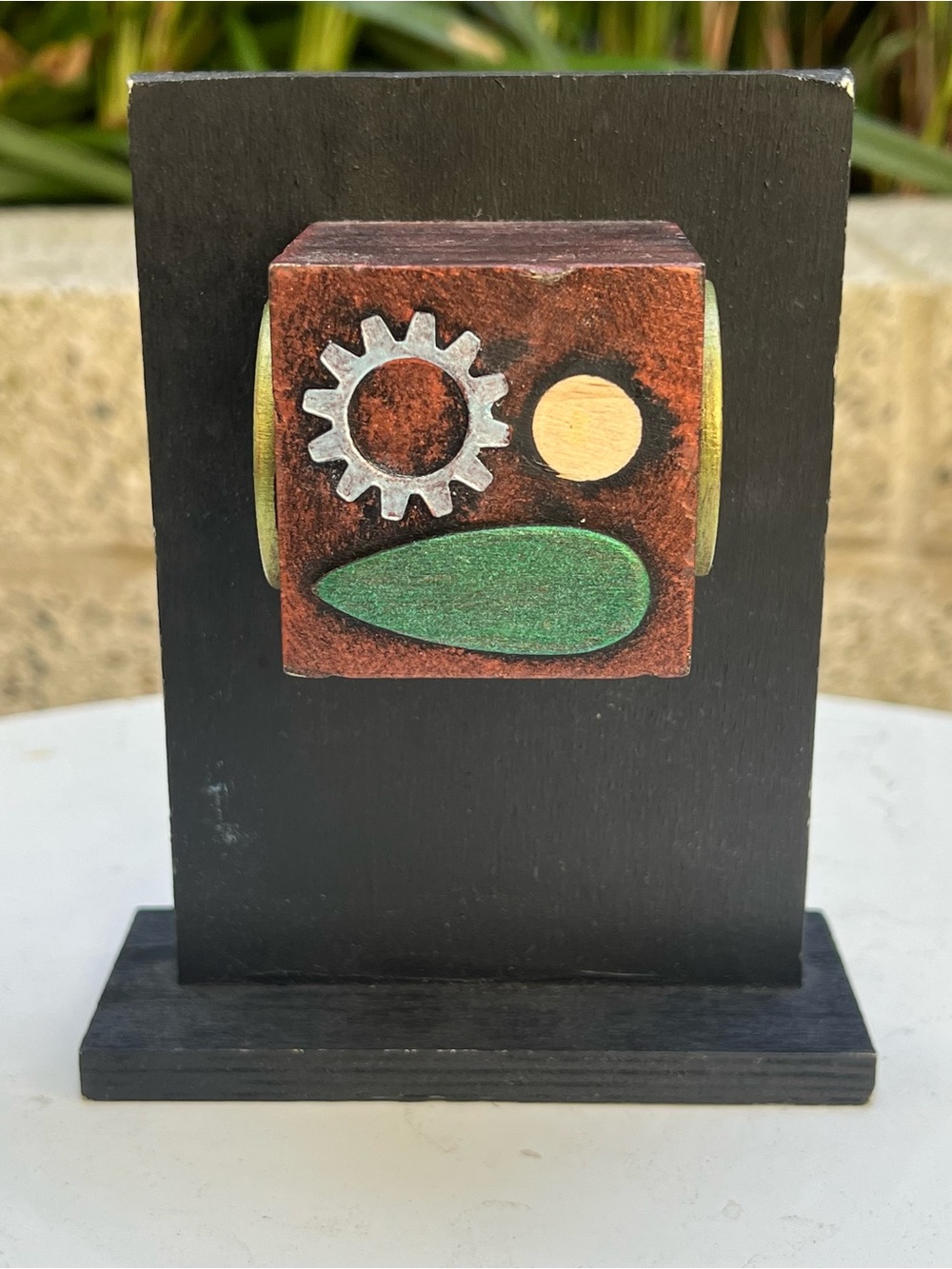 Handcrafted Abstract Wooden Art Block in Black and Brown with Green Accent